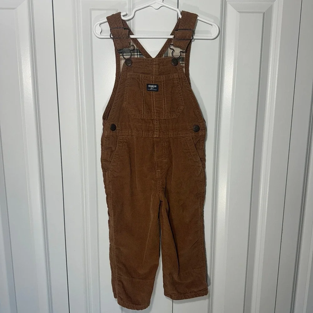 OshKosh Corduroy Overalls Kids 2T Brown Plaid Lined Bibs Cotton Vestbak Neutral